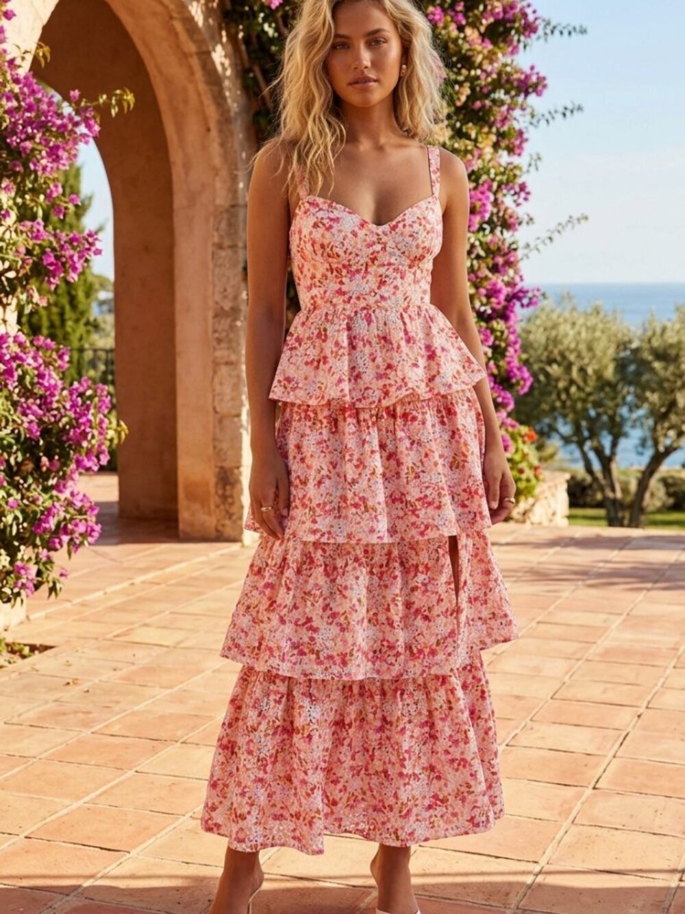 ASTR the Label Pink Multi Floral Midsummer Eyelet Maxi Dress Size XS 8137